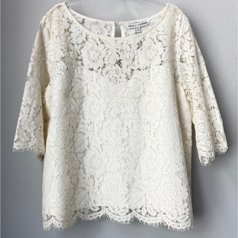 Cupcakes & Cashmere White Floral Lace Top Romantic Bridal Feminine Size L NWT